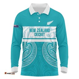 New Zealand Silver Fern Cricket Custom Long Sleeve Polo Shirt Black Cap Teal Maori Pattern LT14