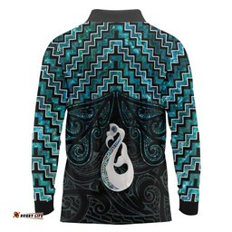 New Zealand Maori Long Sleeve Polo Shirt Poutama Manaia Turquoise Paua Shell LT05