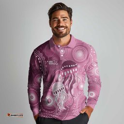 NAIDOC Deadly 50 Years Long Sleeve Polo Shirt Jellyfish Aboriginal Culture Inspired Pink LT9