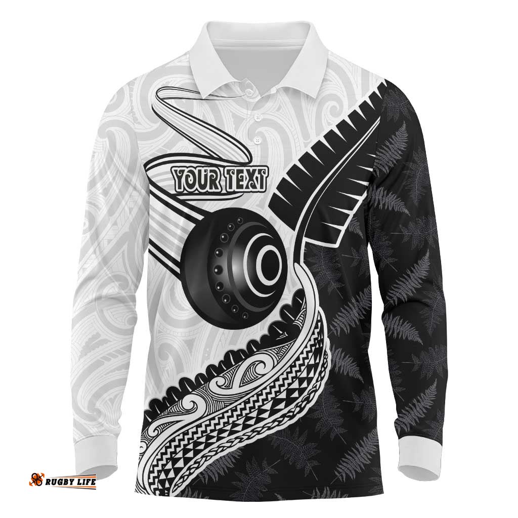Personalised Aotearoa Lawn Bowls Long Sleeve Polo Shirt Maori and Silver Fern Half Style LT03