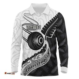 Personalised Aotearoa Lawn Bowls Long Sleeve Polo Shirt Maori and Silver Fern Half Style LT03