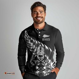 New Zealand Lawn Bowls Custom Long Sleeve Polo Shirt Black Maori Warrior Tribal Silver Fern LT9