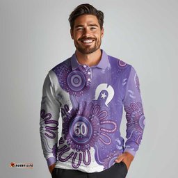 NAIDOC Week 2026 Long Sleeve Polo Shirt 50 Years Deadly Dhari Purple Aboriginal Art LT14
