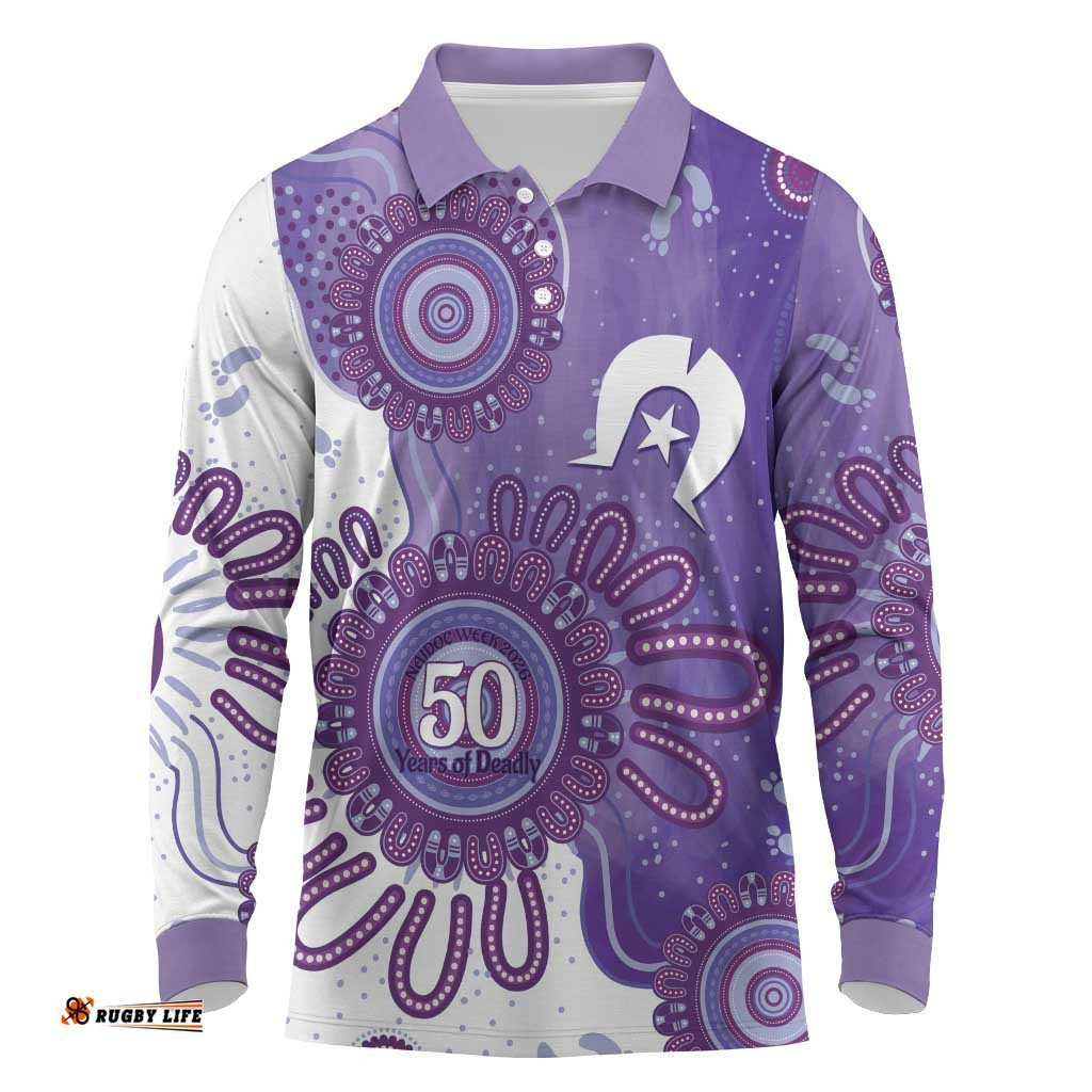 NAIDOC Week 2026 Long Sleeve Polo Shirt 50 Years Deadly Dhari Purple Aboriginal Art LT14