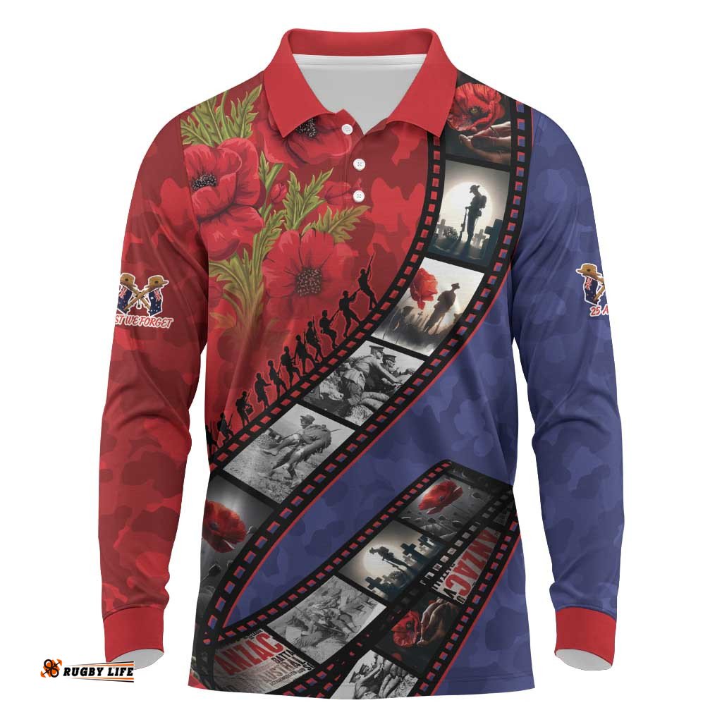 Personalised ANZAC Spirit 1915-2026 Filmstrip Tribute Long Sleeve Polo Shirt Lest We Forget 25 April LT9