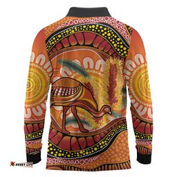 Indigenous Emu Australia Long Sleeve Polo Shirt Australian Bottlebrushes Aboriginal Art Proud LT14