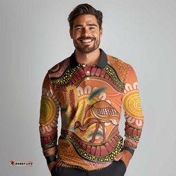 Indigenous Emu Australia Long Sleeve Polo Shirt Australian Bottlebrushes Aboriginal Art Proud LT14