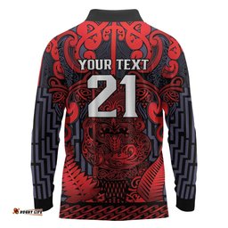 Custom New Zealand Taiaha Maori Long Sleeve Polo Shirt Whero Minimalist Silver Fern Tukutuku Motif LT9