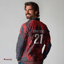 Custom New Zealand Taiaha Maori Long Sleeve Polo Shirt Whero Minimalist Silver Fern Tukutuku Motif LT9