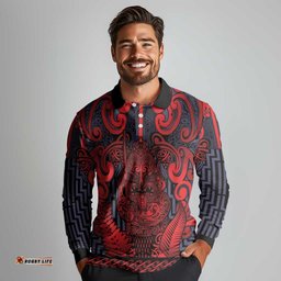 Custom New Zealand Taiaha Maori Long Sleeve Polo Shirt Whero Minimalist Silver Fern Tukutuku Motif LT9