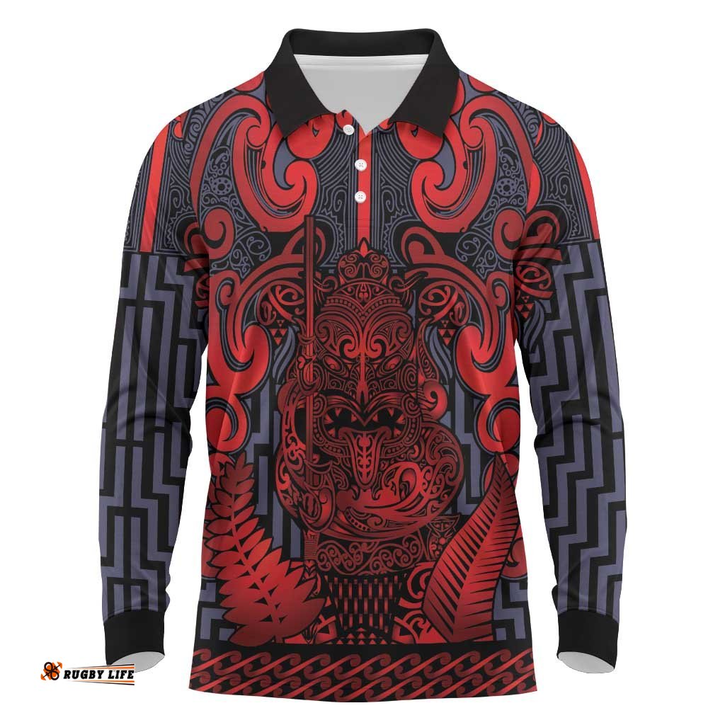 Custom New Zealand Taiaha Maori Long Sleeve Polo Shirt Whero Minimalist Silver Fern Tukutuku Motif LT9