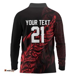 New Zealand Lawn Bowls Custom Long Sleeve Polo Shirt Red Maori Warrior Tribal Silver Fern LT9