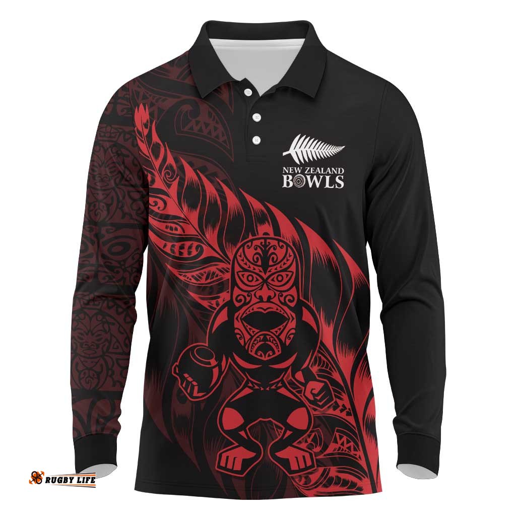 New Zealand Lawn Bowls Custom Long Sleeve Polo Shirt Red Maori Warrior Tribal Silver Fern LT9