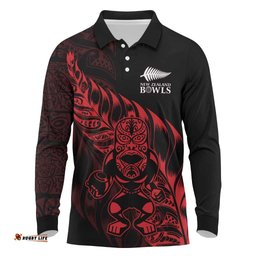 New Zealand Lawn Bowls Custom Long Sleeve Polo Shirt Red Maori Warrior Tribal Silver Fern LT9
