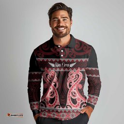 Kia Ora New Zealand Long Sleeve Polo Shirt Maori Language Week Whero Taniko Motif LT14