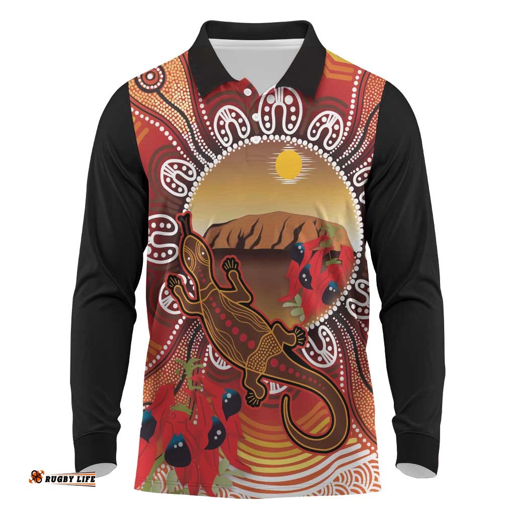 Indigenous Goanna Australia Long Sleeve Polo Shirt Aussie Uluru Ayers Rock Sturt's Desert Pea LT14