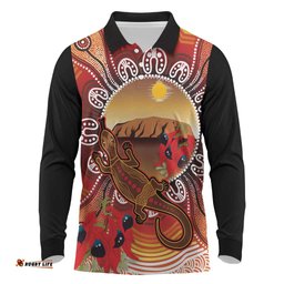 Indigenous Goanna Australia Long Sleeve Polo Shirt Aussie Uluru Ayers Rock Sturt's Desert Pea LT14