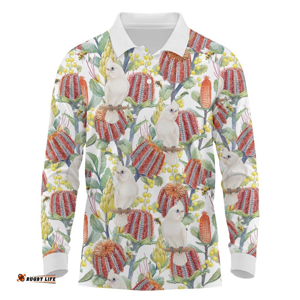 Little Corella Australia Cockatoo Long Sleeve Polo Shirt Cacatua Sanguinea Banksia Seamless White LT14