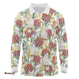 Little Corella Australia Cockatoo Long Sleeve Polo Shirt Cacatua Sanguinea Banksia Seamless White LT14