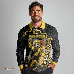 Custom Richmond Football Long Sleeve Polo Shirt Aboriginal Dot Art Pattern DT05