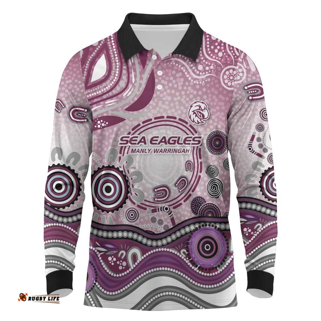 Manly Warringah Sea Eagles Rugby Long Sleeve Polo Shirt Australian Aboriginal Dot Painting Style TS04