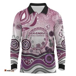 Manly Warringah Sea Eagles Rugby Long Sleeve Polo Shirt Australian Aboriginal Dot Painting Style TS04