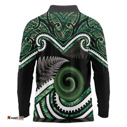 Koru Pounamu Aotearoa Long Sleeve Polo Shirt Maori Paua Shell Mix Silver Fern LT14