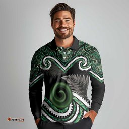 Koru Pounamu Aotearoa Long Sleeve Polo Shirt Maori Paua Shell Mix Silver Fern LT14
