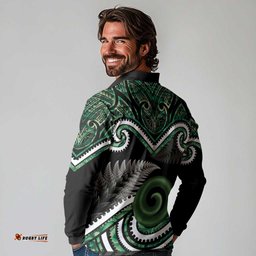 Koru Pounamu Aotearoa Long Sleeve Polo Shirt Maori Paua Shell Mix Silver Fern LT14
