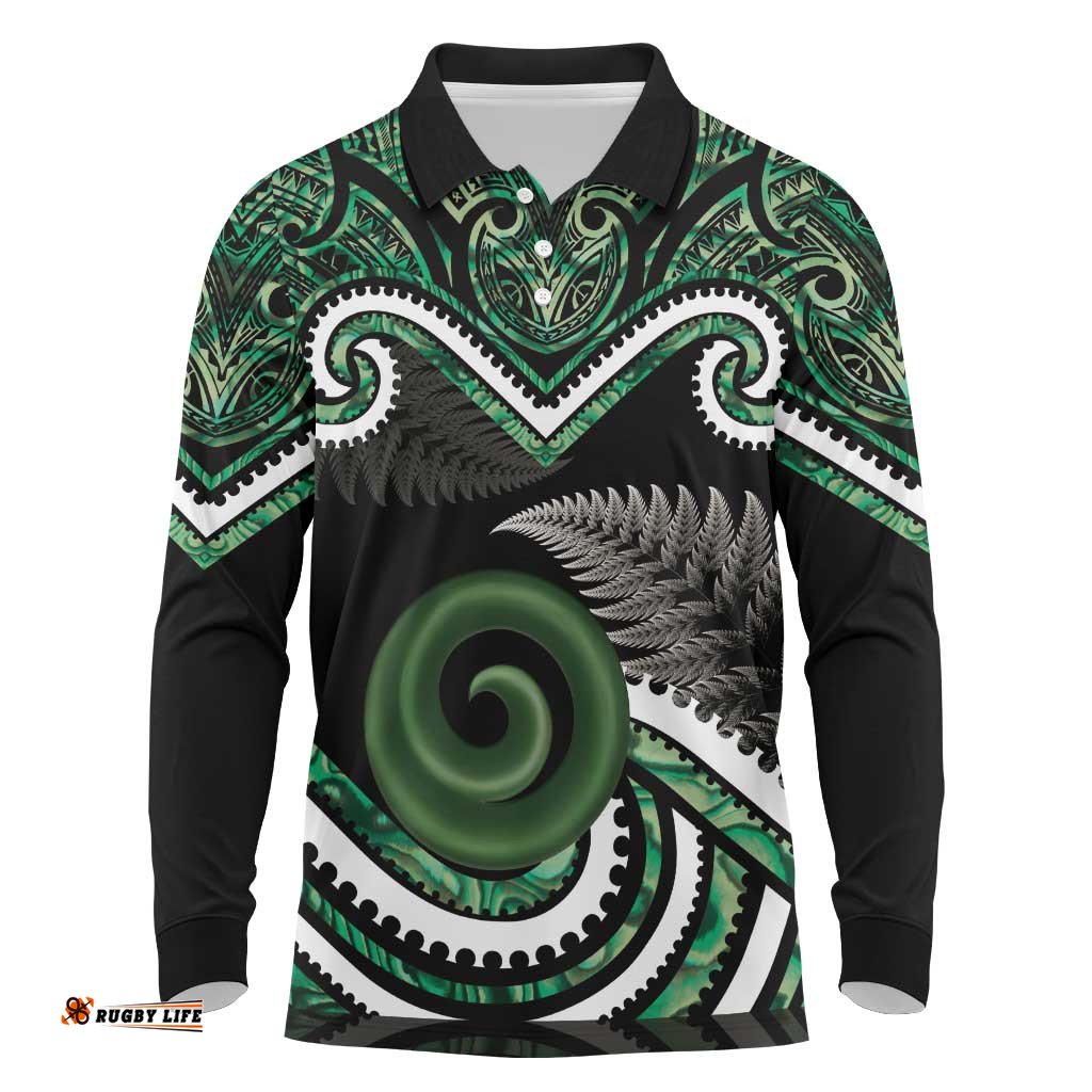 Koru Pounamu Aotearoa Long Sleeve Polo Shirt Maori Paua Shell Mix Silver Fern LT14