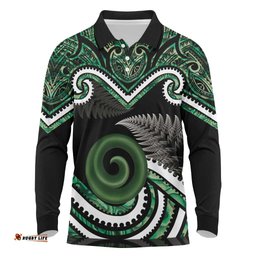 Koru Pounamu Aotearoa Long Sleeve Polo Shirt Maori Paua Shell Mix Silver Fern LT14