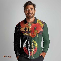 New Zealand and Australia ANZAC Day Long Sleeve Polo Shirt Lest We Forget Indigenous and Maori Pattern LT03