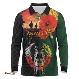 New Zealand and Australia ANZAC Day Long Sleeve Polo Shirt Lest We Forget Indigenous and Maori Pattern LT03