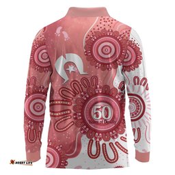NAIDOC Week 2026 Long Sleeve Polo Shirt 50 Years Deadly Dhari Pink Aboriginal Art LT14