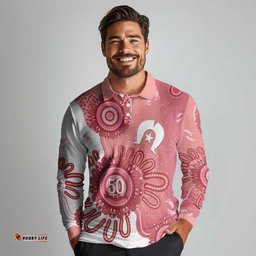 NAIDOC Week 2026 Long Sleeve Polo Shirt 50 Years Deadly Dhari Pink Aboriginal Art LT14