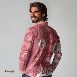 NAIDOC Week 2026 Long Sleeve Polo Shirt 50 Years Deadly Dhari Pink Aboriginal Art LT14
