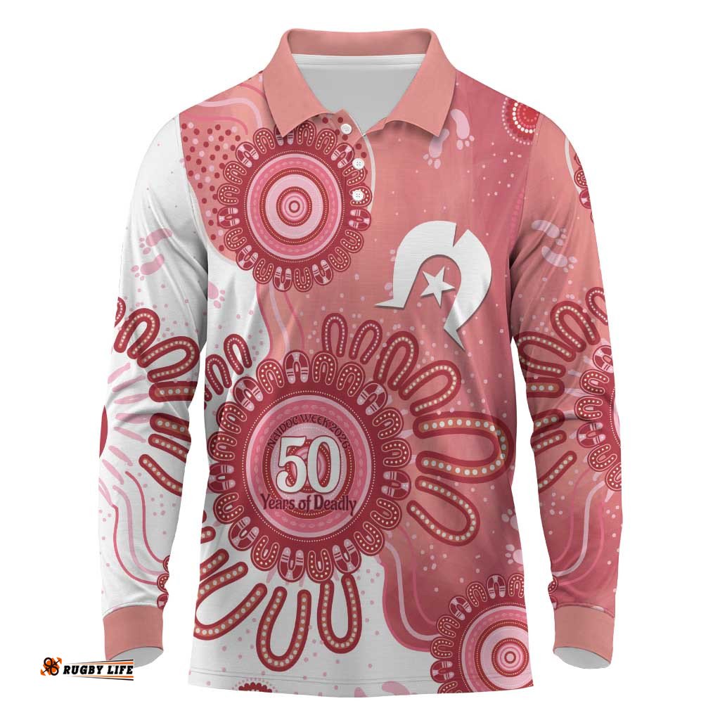 NAIDOC Week 2026 Long Sleeve Polo Shirt 50 Years Deadly Dhari Pink Aboriginal Art LT14