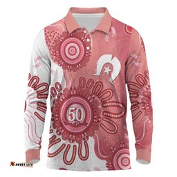NAIDOC Week 2026 Long Sleeve Polo Shirt 50 Years Deadly Dhari Pink Aboriginal Art LT14