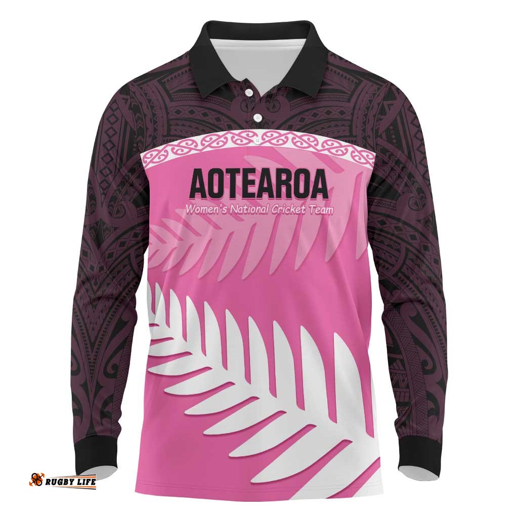 Custom New Zealand Aotearoa Cricket Long Sleeve Polo Shirt Go White Silver Fern LT14