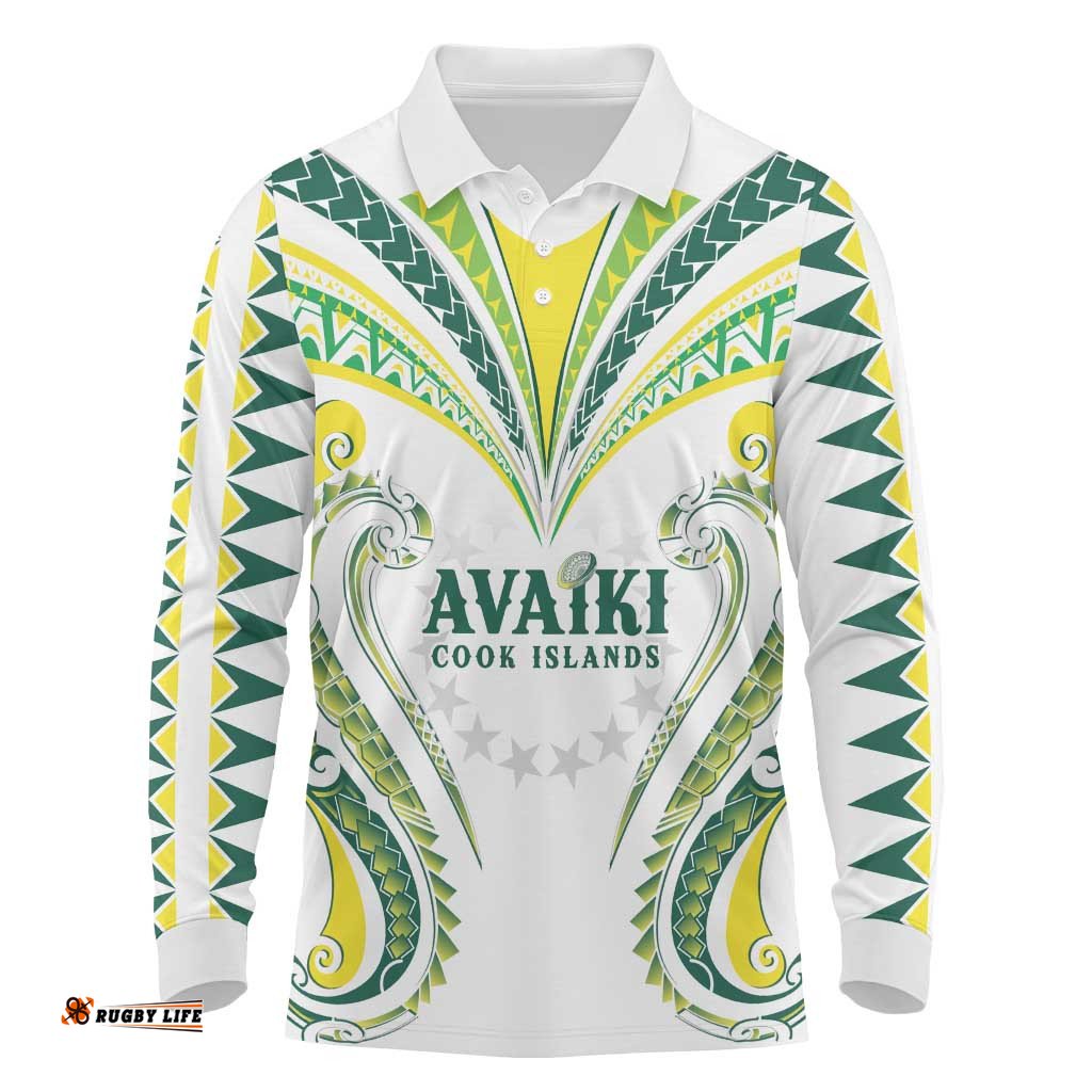 Custom Rugby Cook Islands Avaiki Long Sleeve Polo Shirt White Kuki Airani Tribal Maori Inspired LT9