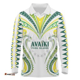 Custom Rugby Cook Islands Avaiki Long Sleeve Polo Shirt White Kuki Airani Tribal Maori Inspired LT9