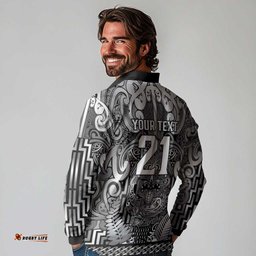 Custom New Zealand Taiaha Maori Long Sleeve Polo Shirt Kiwikiwi Minimalist Silver Fern Tukutuku Motif LT9