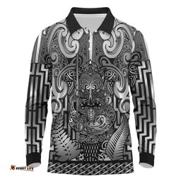 Custom New Zealand Taiaha Maori Long Sleeve Polo Shirt Kiwikiwi Minimalist Silver Fern Tukutuku Motif LT9