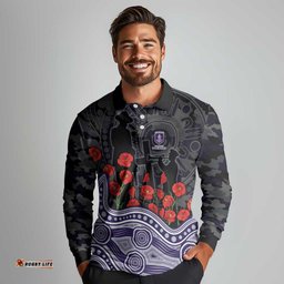 Fremantle Dockers ANZAC Day Long Sleeve Polo Shirt Indigenous Dot Art with Poppy Flower Tribute TS04