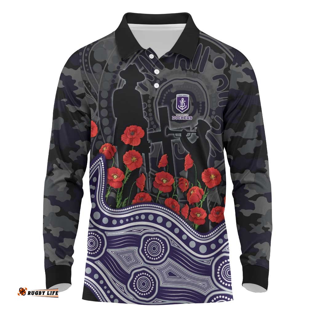 Fremantle Dockers ANZAC Day Long Sleeve Polo Shirt Indigenous Dot Art with Poppy Flower Tribute TS04