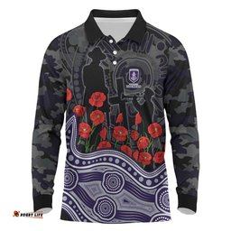 Fremantle Dockers ANZAC Day Long Sleeve Polo Shirt Indigenous Dot Art with Poppy Flower Tribute TS04