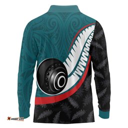 Personalised Aotearoa Lawn Bowls Long Sleeve Polo Shirt Maori and Silver Fern Sporty Style Teal Color LT03