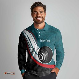 Personalised Aotearoa Lawn Bowls Long Sleeve Polo Shirt Maori and Silver Fern Sporty Style Teal Color LT03