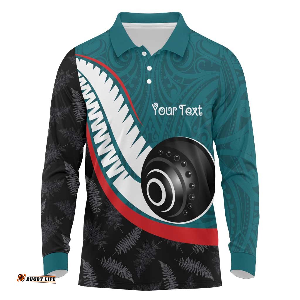 Personalised Aotearoa Lawn Bowls Long Sleeve Polo Shirt Maori and Silver Fern Sporty Style Teal Color LT03