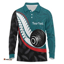 Personalised Aotearoa Lawn Bowls Long Sleeve Polo Shirt Maori and Silver Fern Sporty Style Teal Color LT03